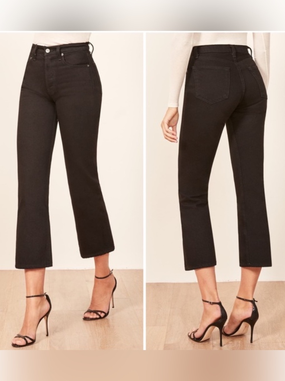 Reformation Jordi Kick Flare Jeans Black High Rise Cropped Size 30 wide leg